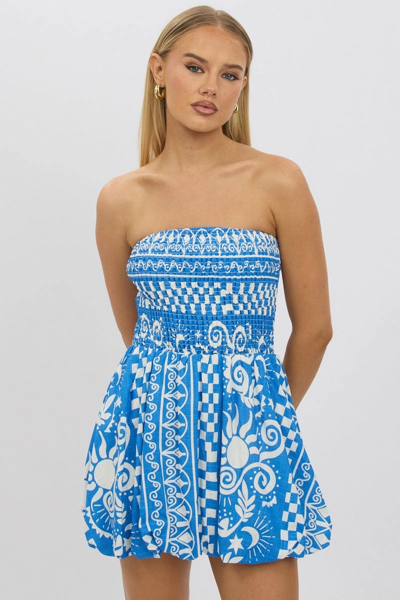 Blue Abstract Balloon Mini Dress Strapless