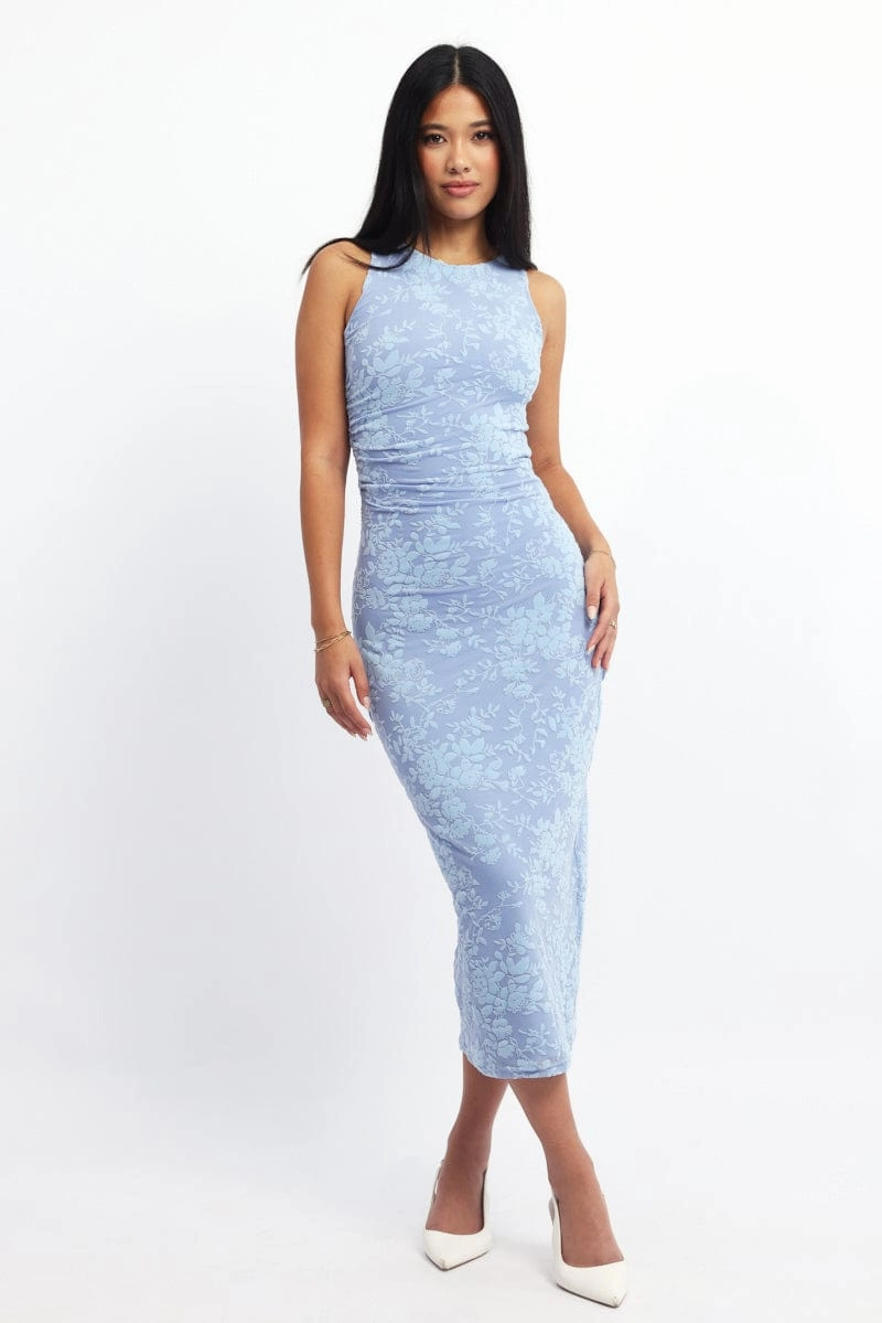 Blue Bodycon Dress Round Neck Sleeveless Burnout