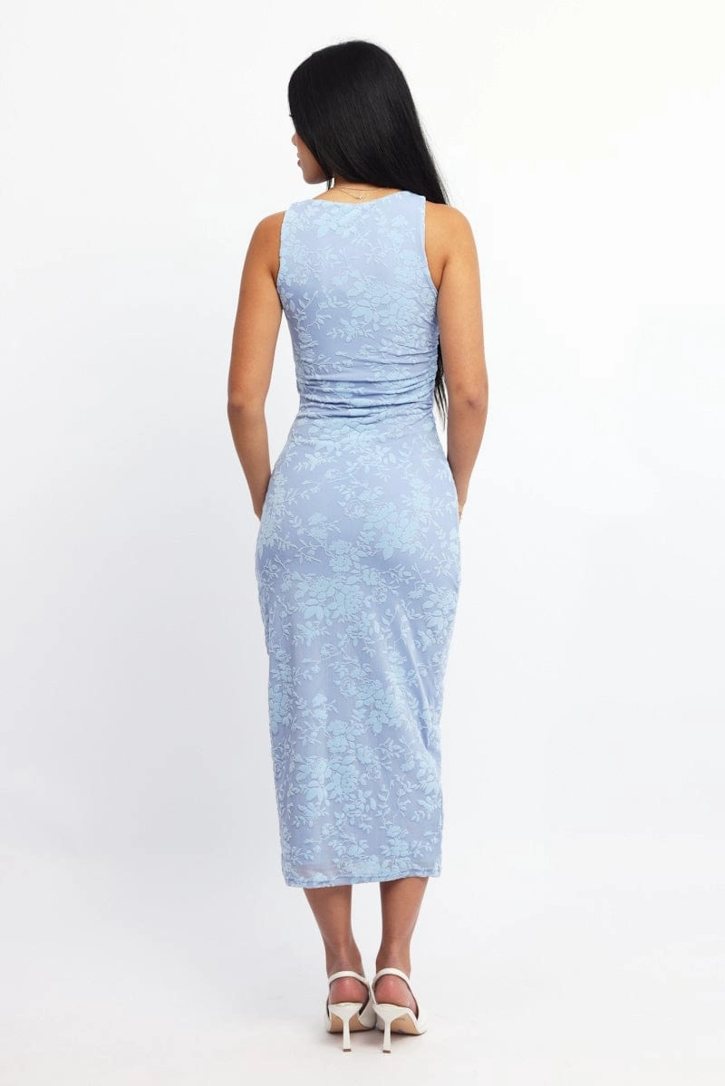 Blue Bodycon Dress Round Neck Sleeveless Burnout