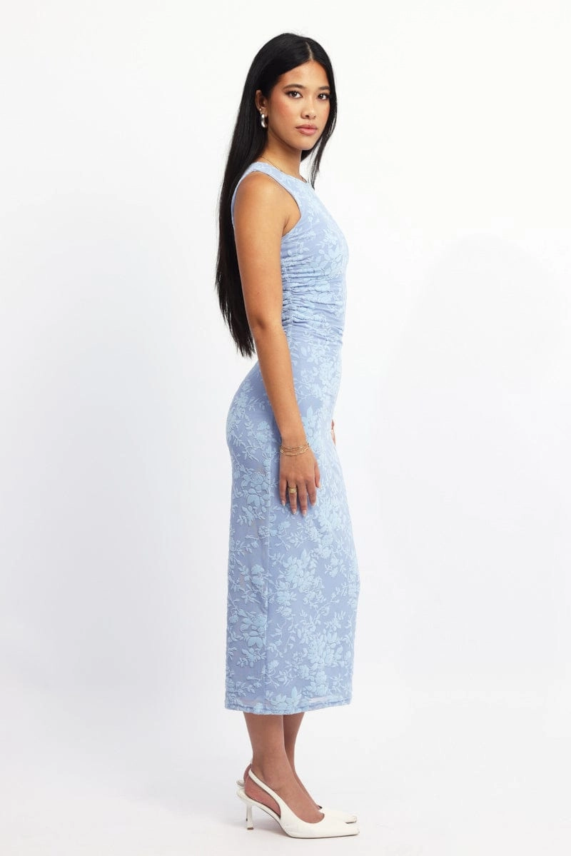 Blue Bodycon Dress Round Neck Sleeveless Burnout