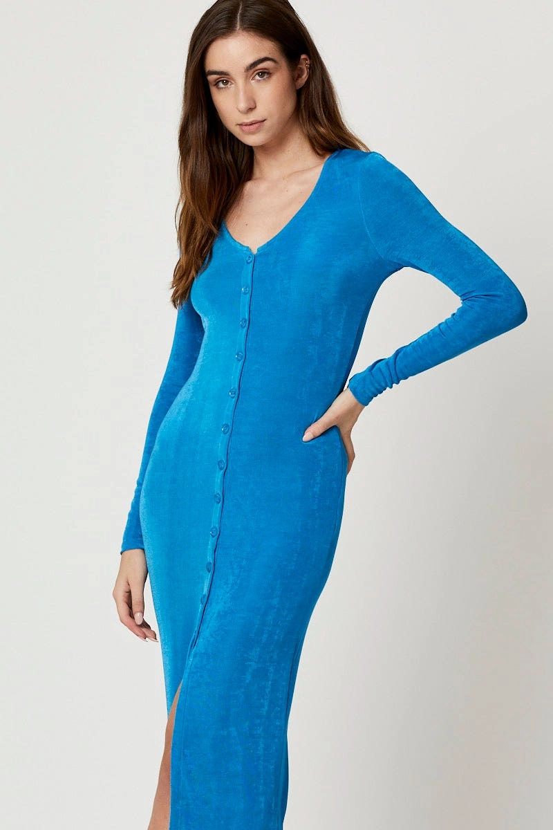 Blue Button Front Slinky Midi Dress