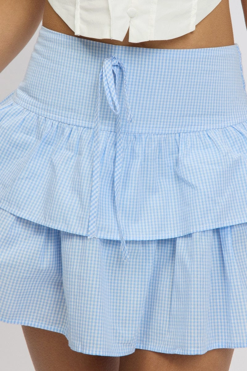 Blue Check Ruffle Mini Skirt High Rise Shirred Back Tiered