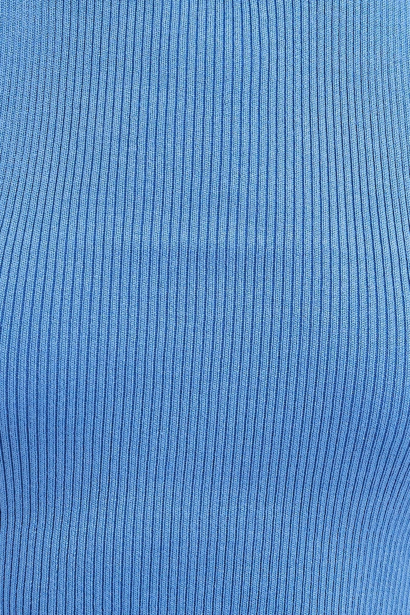 Blue Knit Top Crop Sleeveless Round Neck