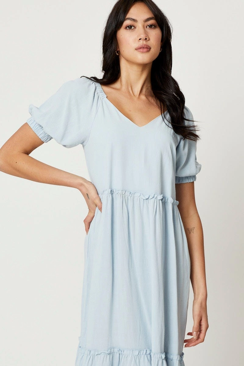 Blue Puff Sleeve Skater Dress