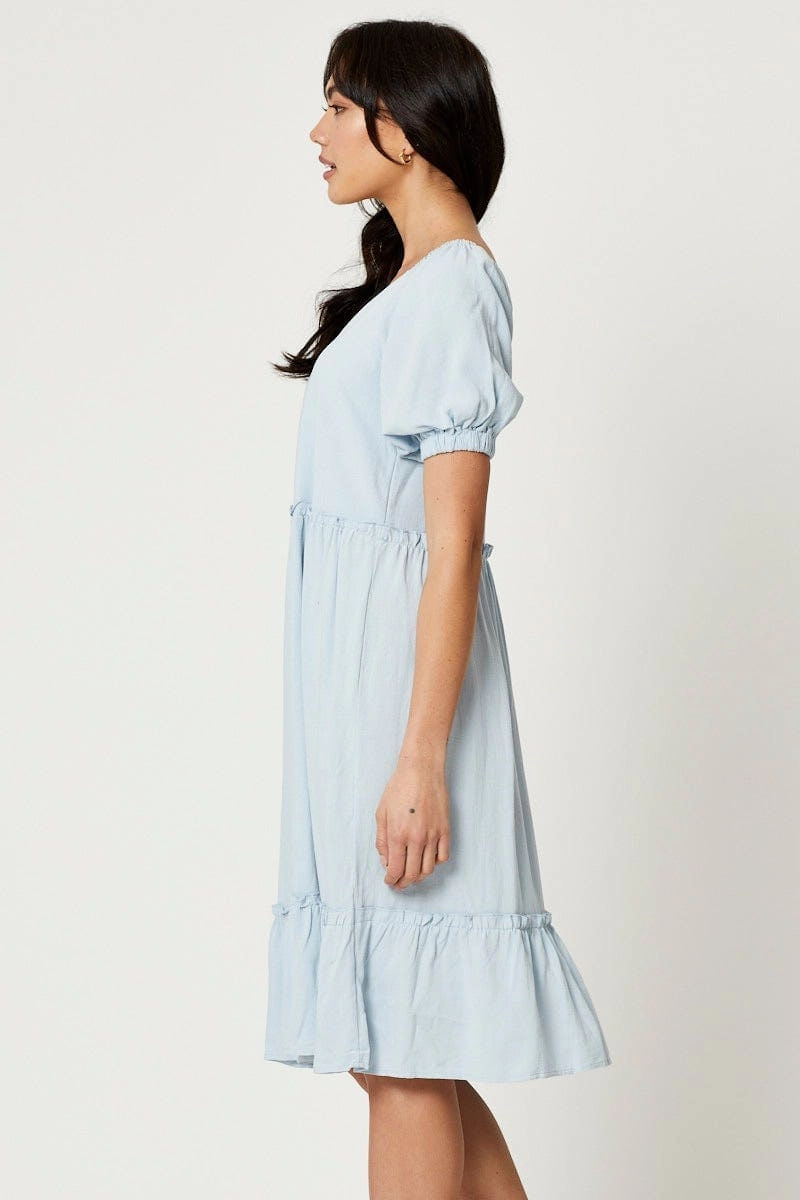 Blue Puff Sleeve Skater Dress