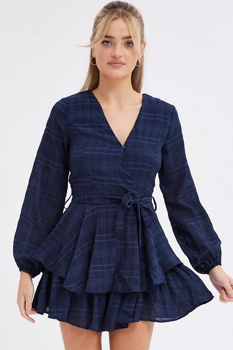 Blue Ruffle Playsuit Long Sleeve Wrap Front
