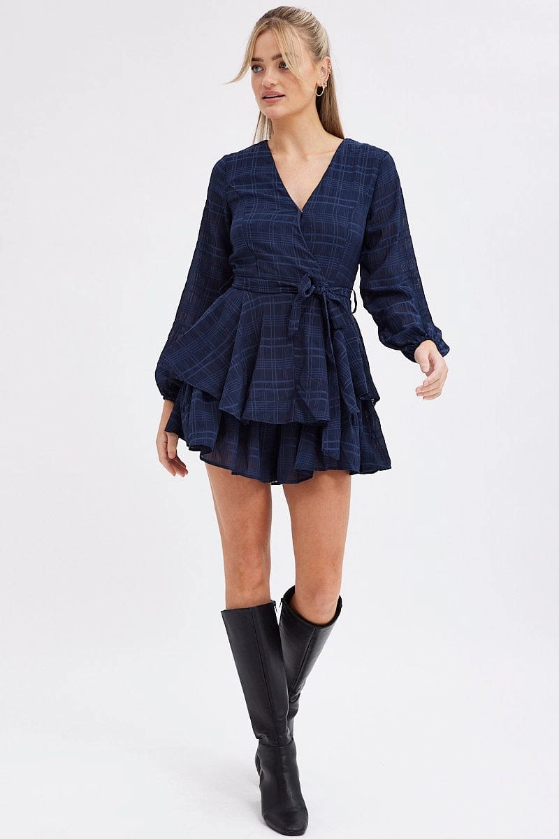 Blue Ruffle Playsuit Long Sleeve Wrap Front