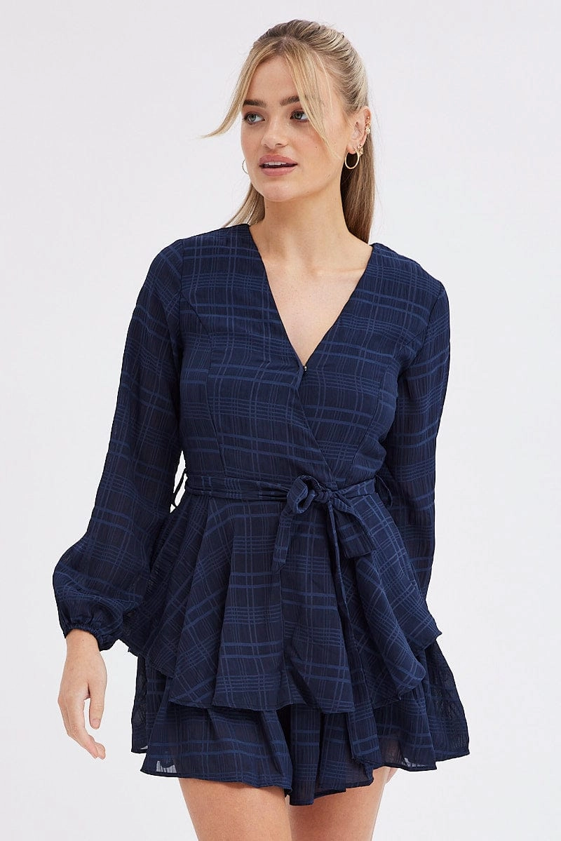 Blue Ruffle Playsuit Long Sleeve Wrap Front