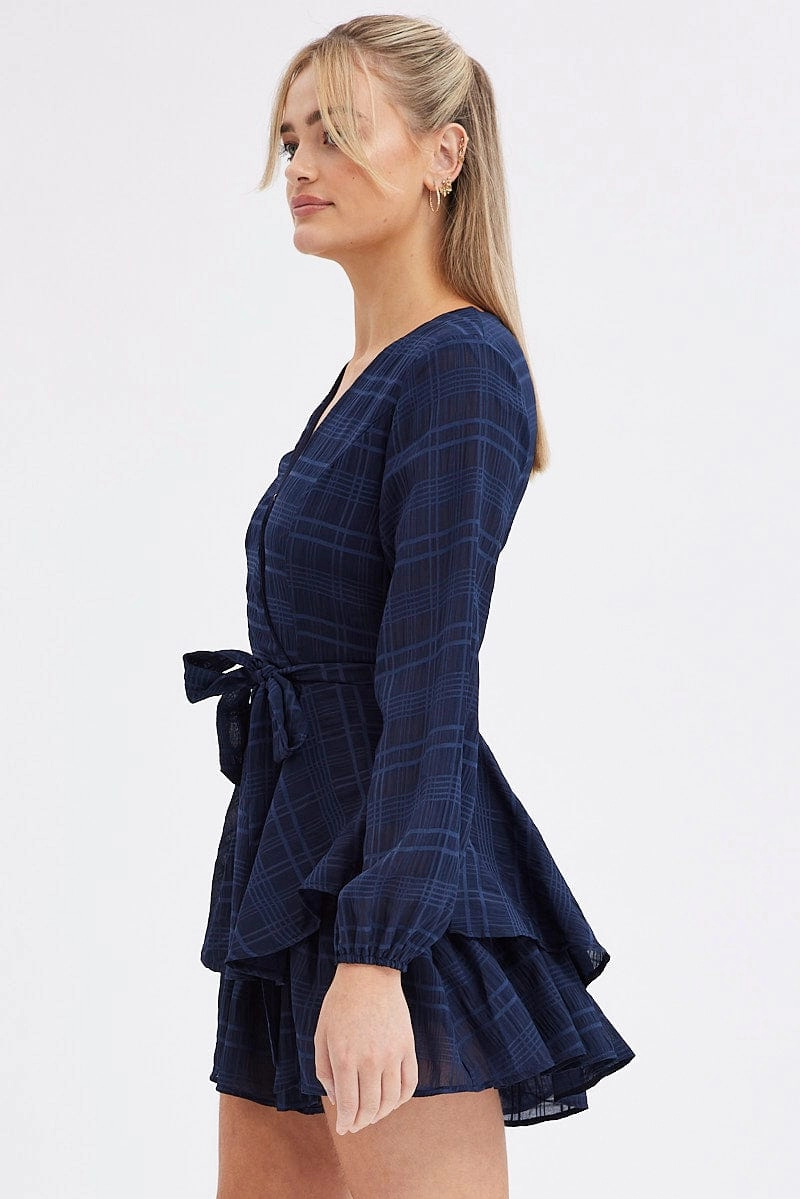 Blue Ruffle Playsuit Long Sleeve Wrap Front