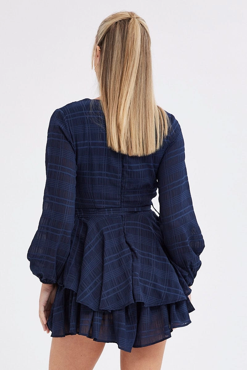 Blue Ruffle Playsuit Long Sleeve Wrap Front