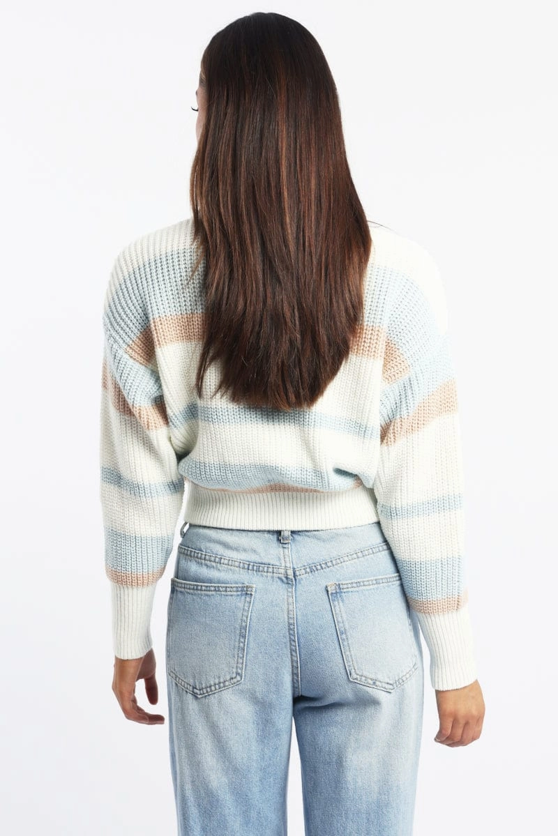 Blue Stripe Knit Top Long Sleeve Color Block