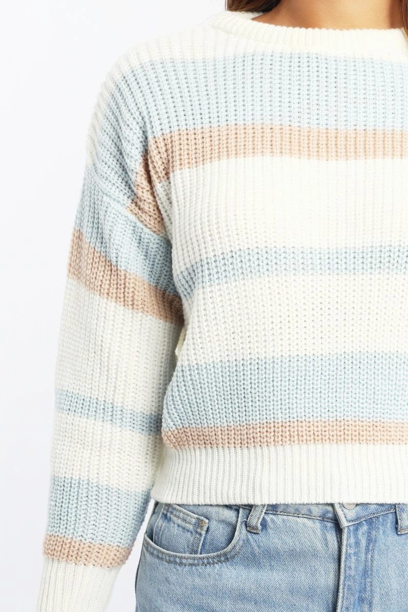 Blue Stripe Knit Top Long Sleeve Color Block