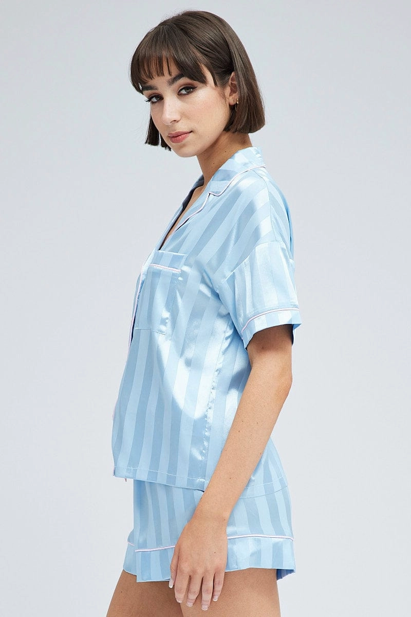Blue Stripe Satin Pj Jacquard Stripe Piping Pyjama Set