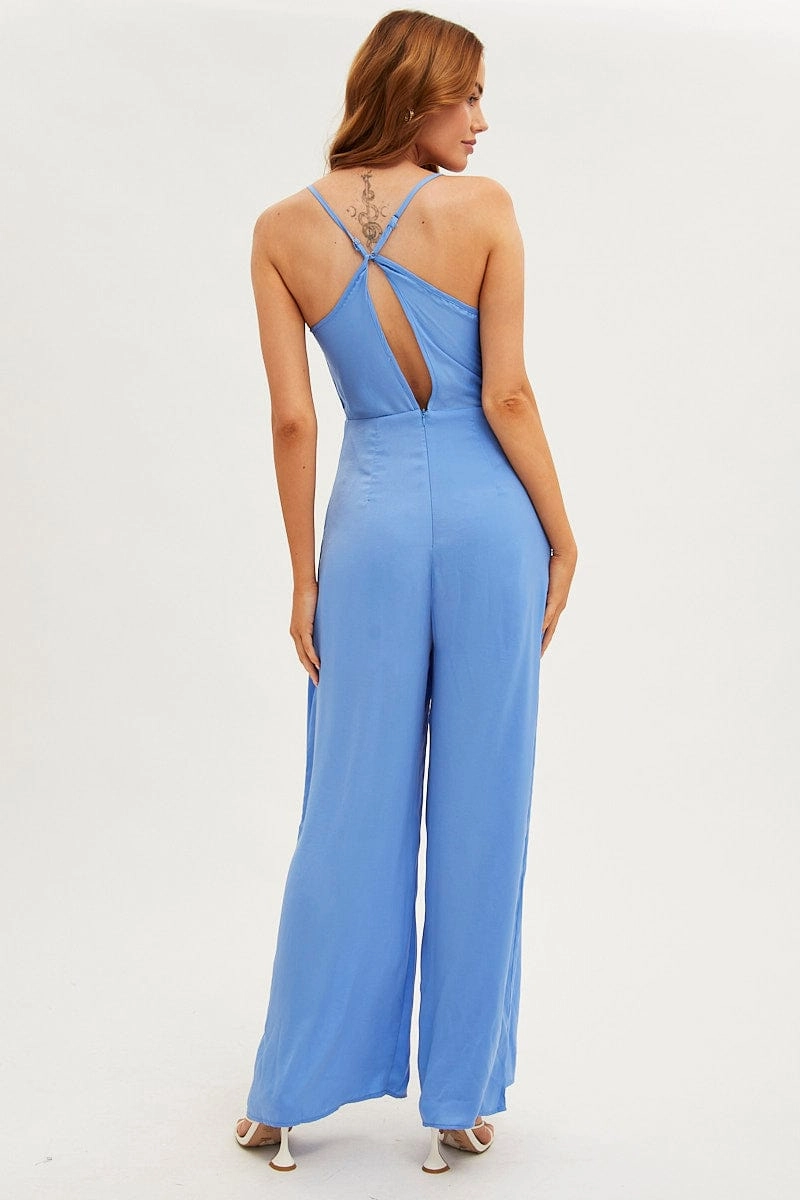 Blue Wide Leg Jumpsuit Sleeveless Cowl Neck Satin