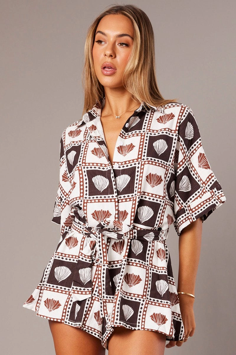 Brown Abstract Oversized Playsuit