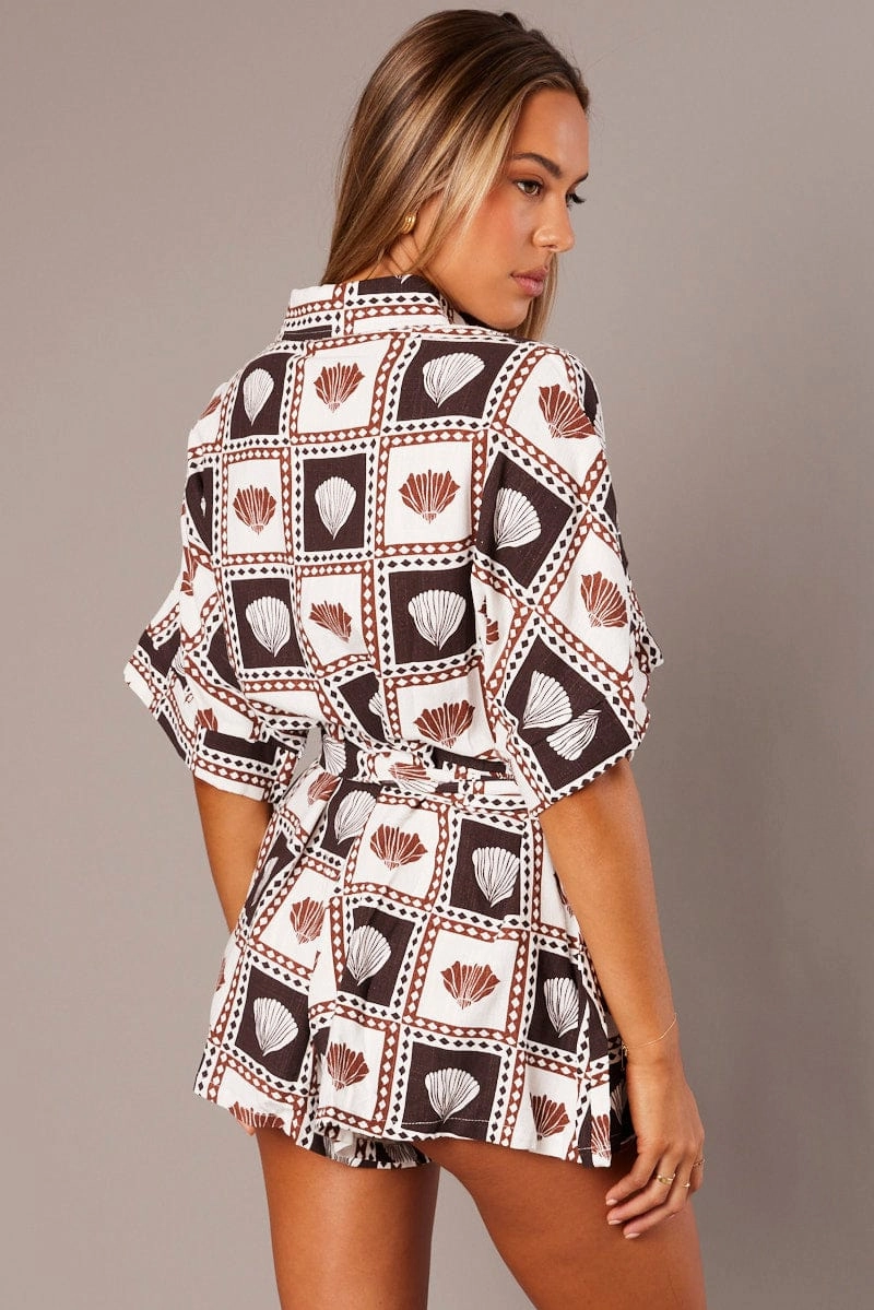 Brown Abstract Oversized Playsuit