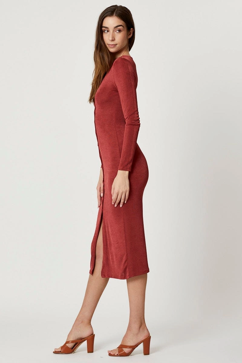 Brown Button Front Slinky Midi Dress
