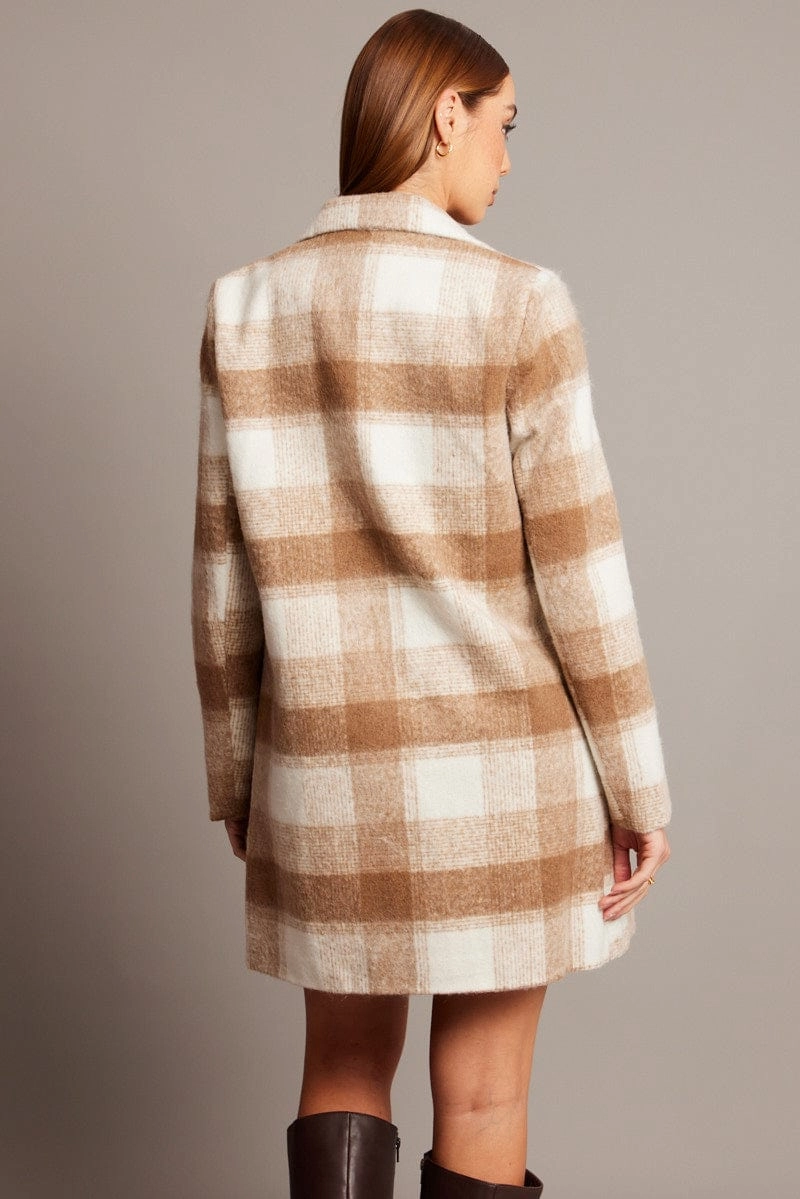 Brown Check Coat Long Sleeve