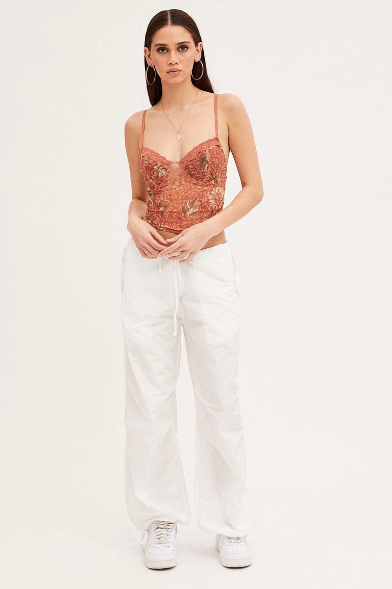 Brown Floral Print Mesh Corset Top