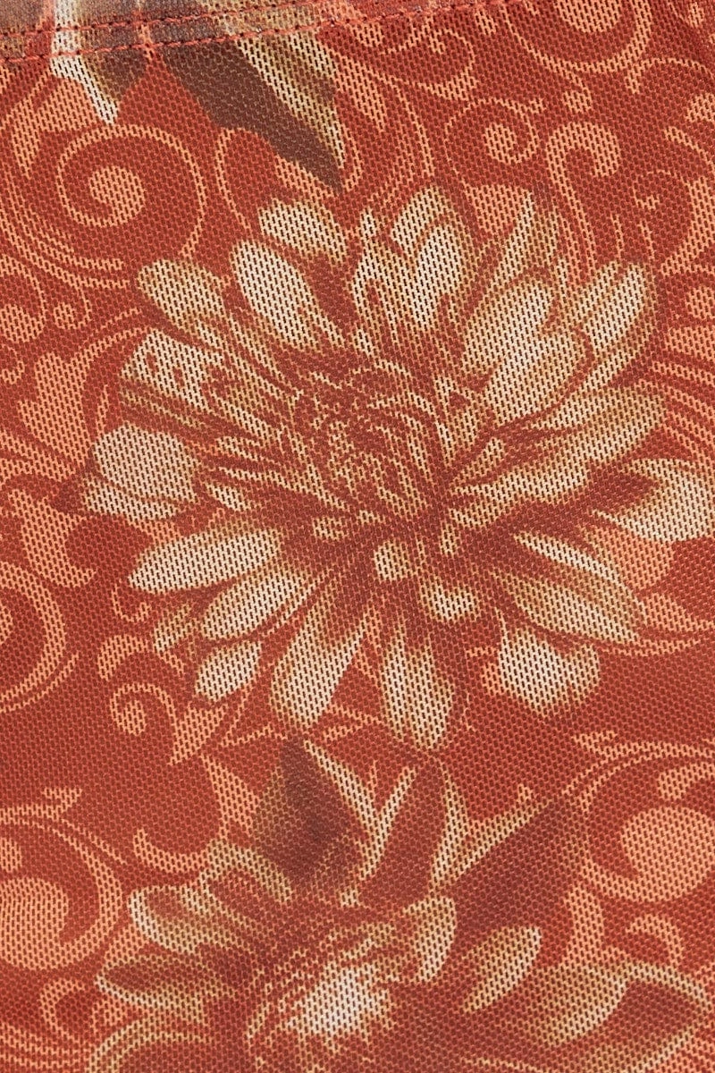 Brown Floral Print Mesh Corset Top