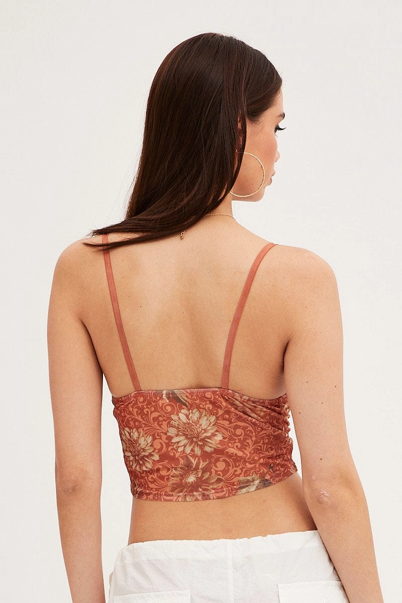 Brown Floral Print Mesh Corset Top