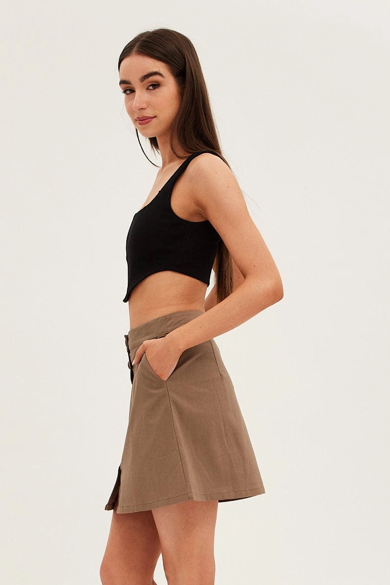 Brown Linen Blend Button Front Mini Skirt