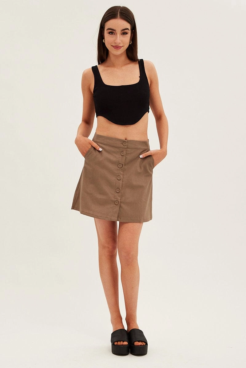 Brown Linen Blend Button Front Mini Skirt