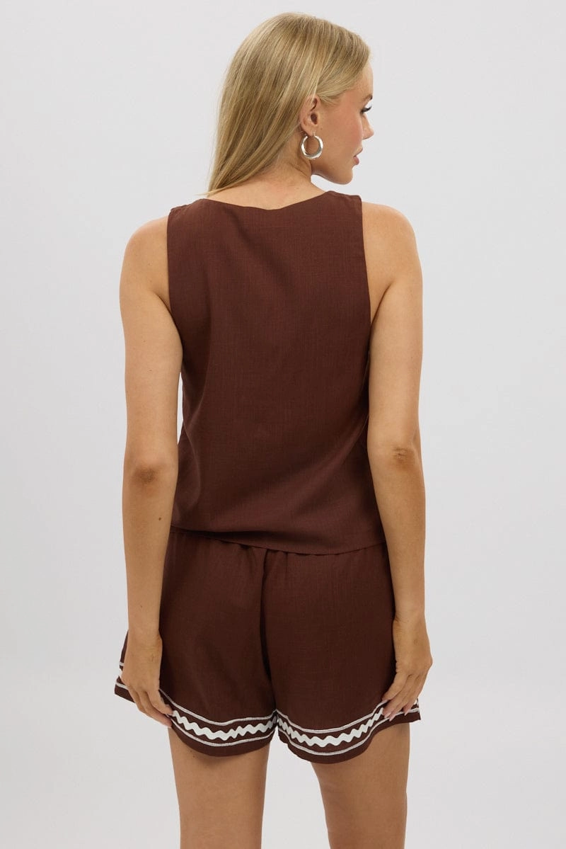 Brown Linen Vest Sleeveless Embo