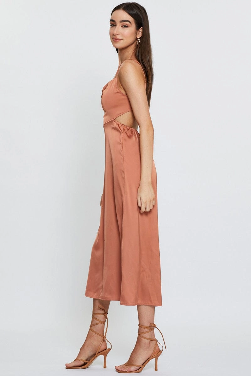 Brown Midi Dress Cowl Neck Satin