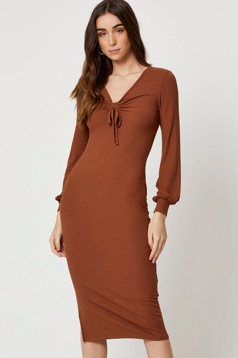 Brown Ribbed Drawstring Midi Dress