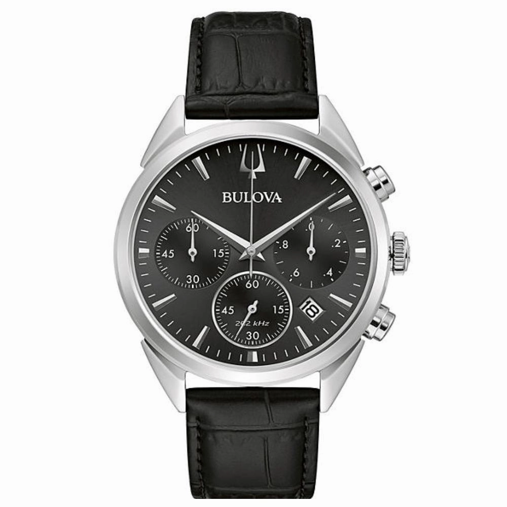 Bulova 96B371 Stainless Steel Watch with Black Leather Strap 42mm