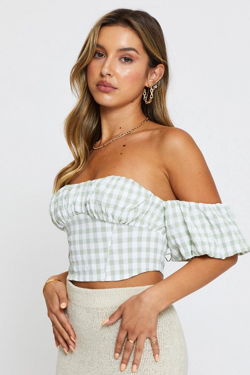 Check Crop Top Off Shoulder Short Sleeve