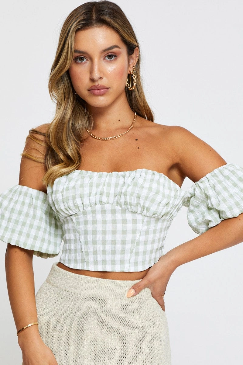 Check Crop Top Off Shoulder Short Sleeve
