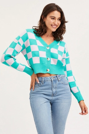 Check Knit Cardigan Long Sleeve Crop V-Neck
