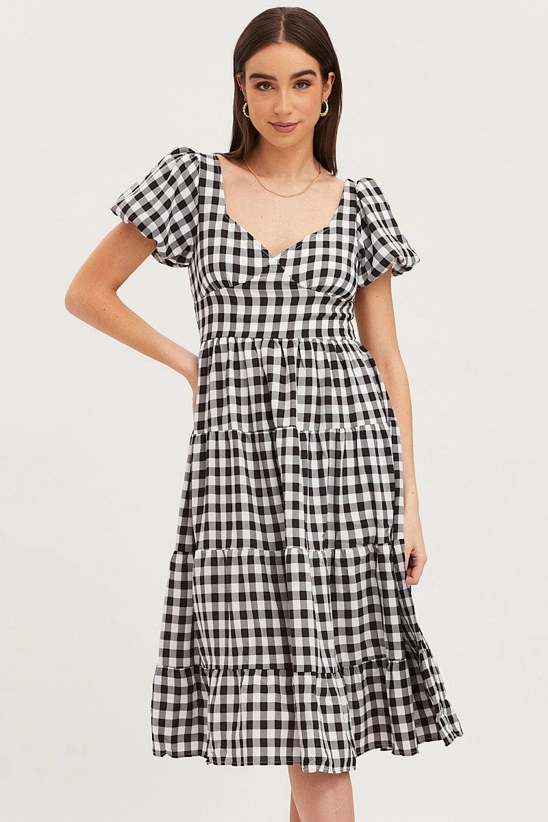 Check Midi Dress Short Sleeve Evening