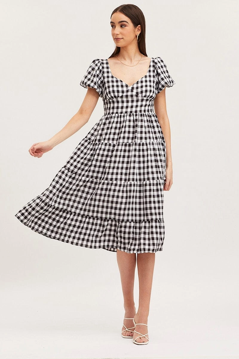 Check Midi Dress Short Sleeve Evening