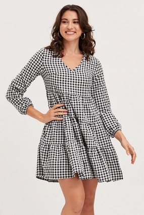 Check Skater Dress Long Sleeve Mini