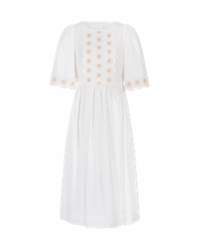 Floral Embroidered Short Sleeve White Dress