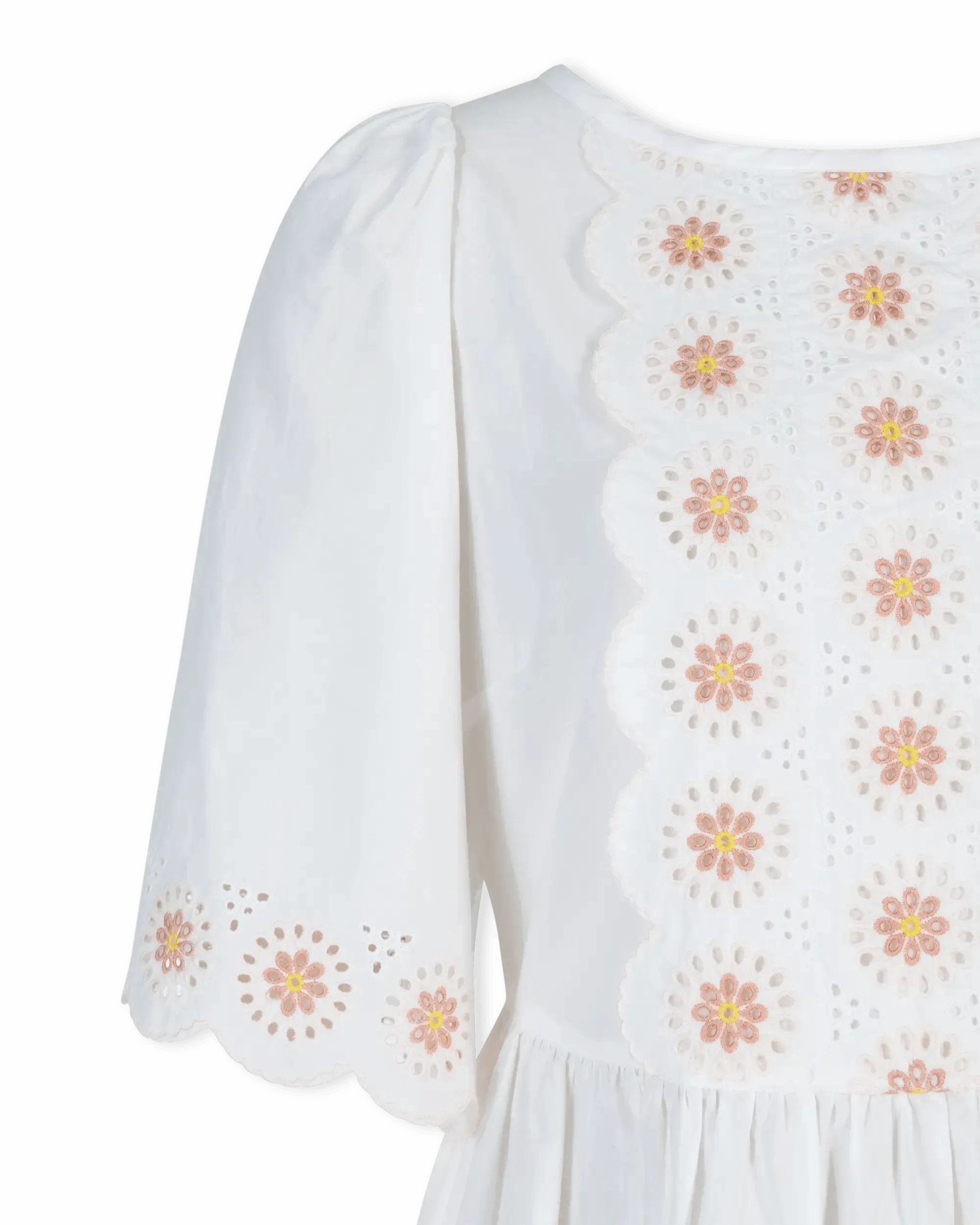 Floral Embroidered Short Sleeve White Dress