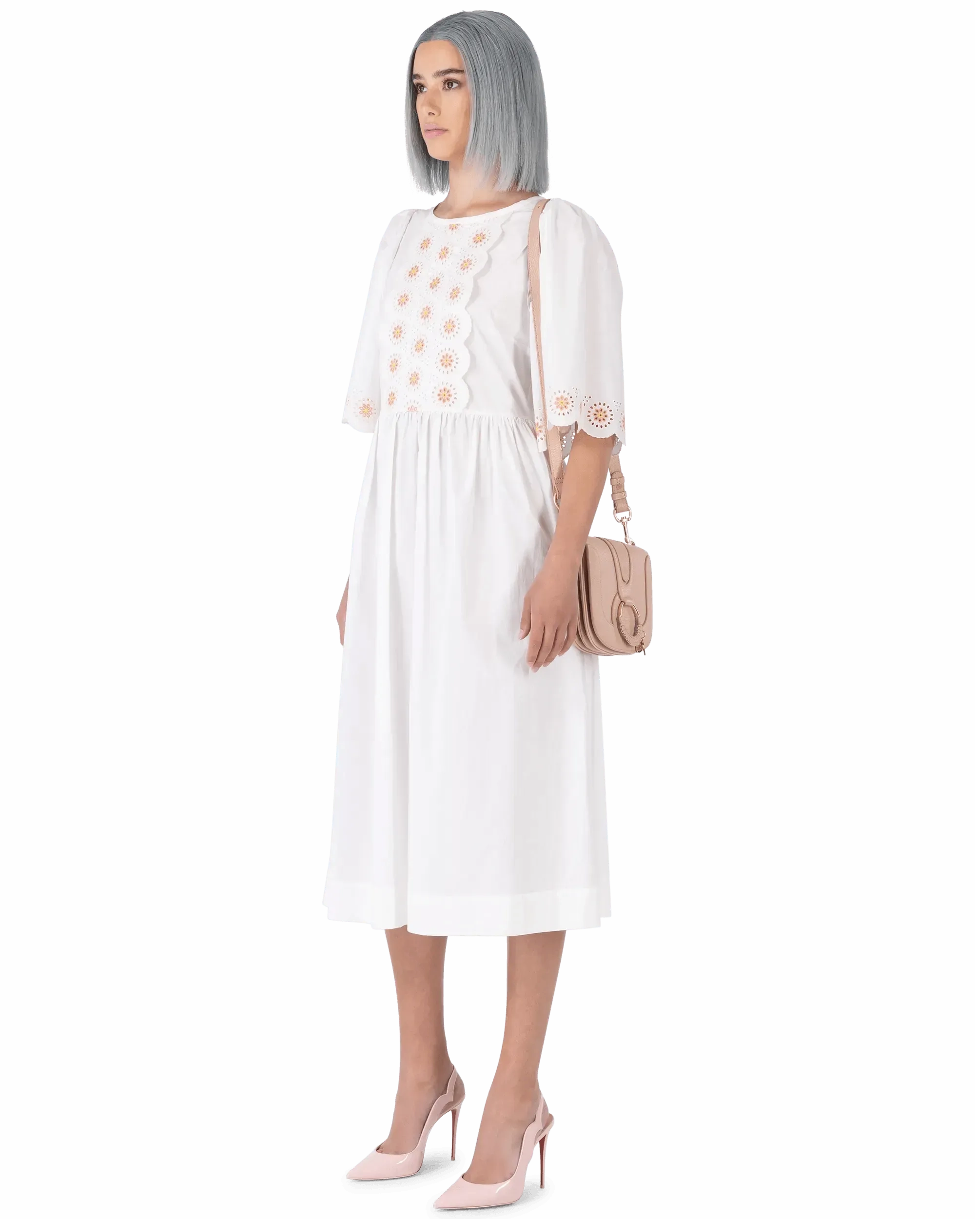 Floral Embroidered Short Sleeve White Dress