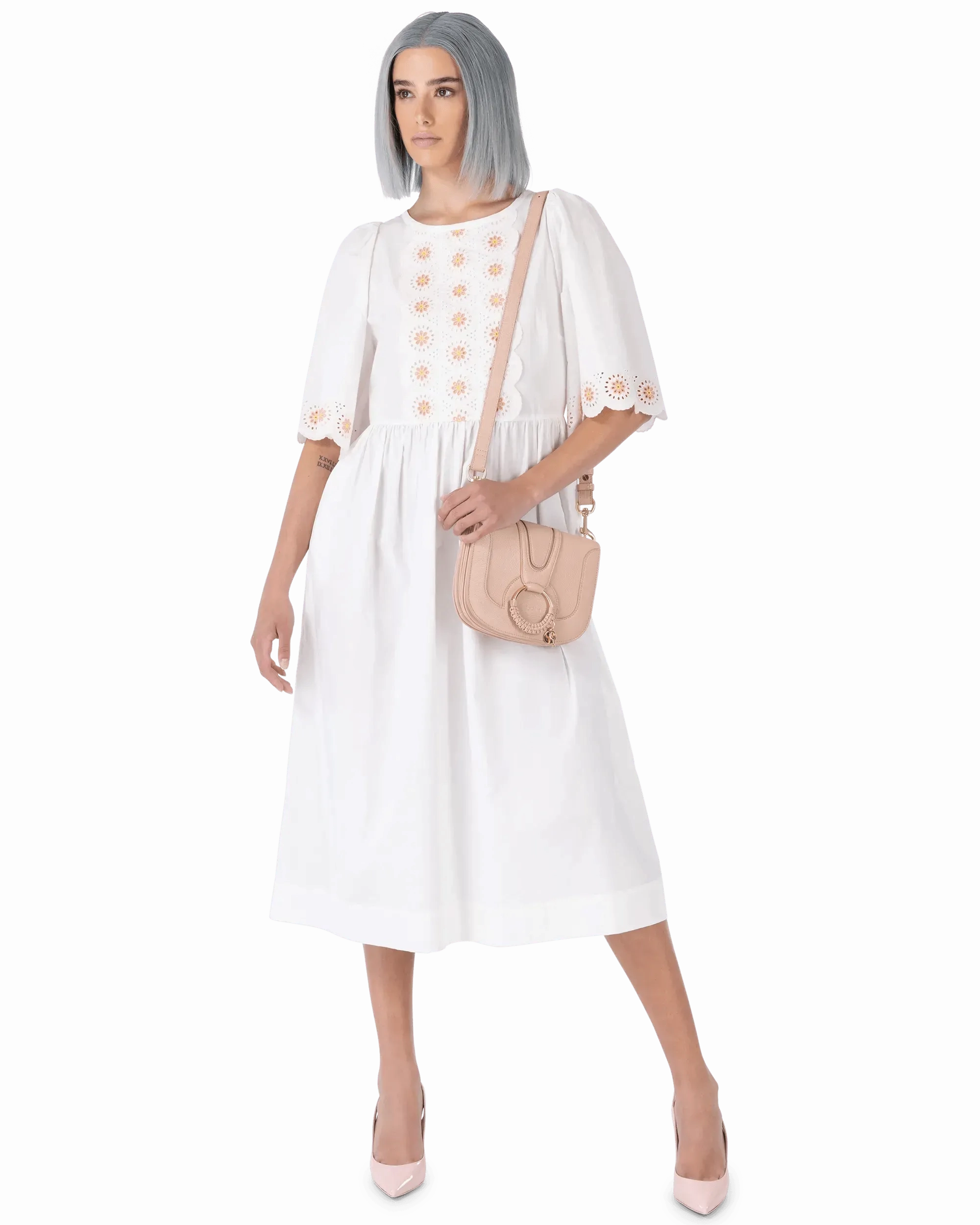 Floral Embroidered Short Sleeve White Dress