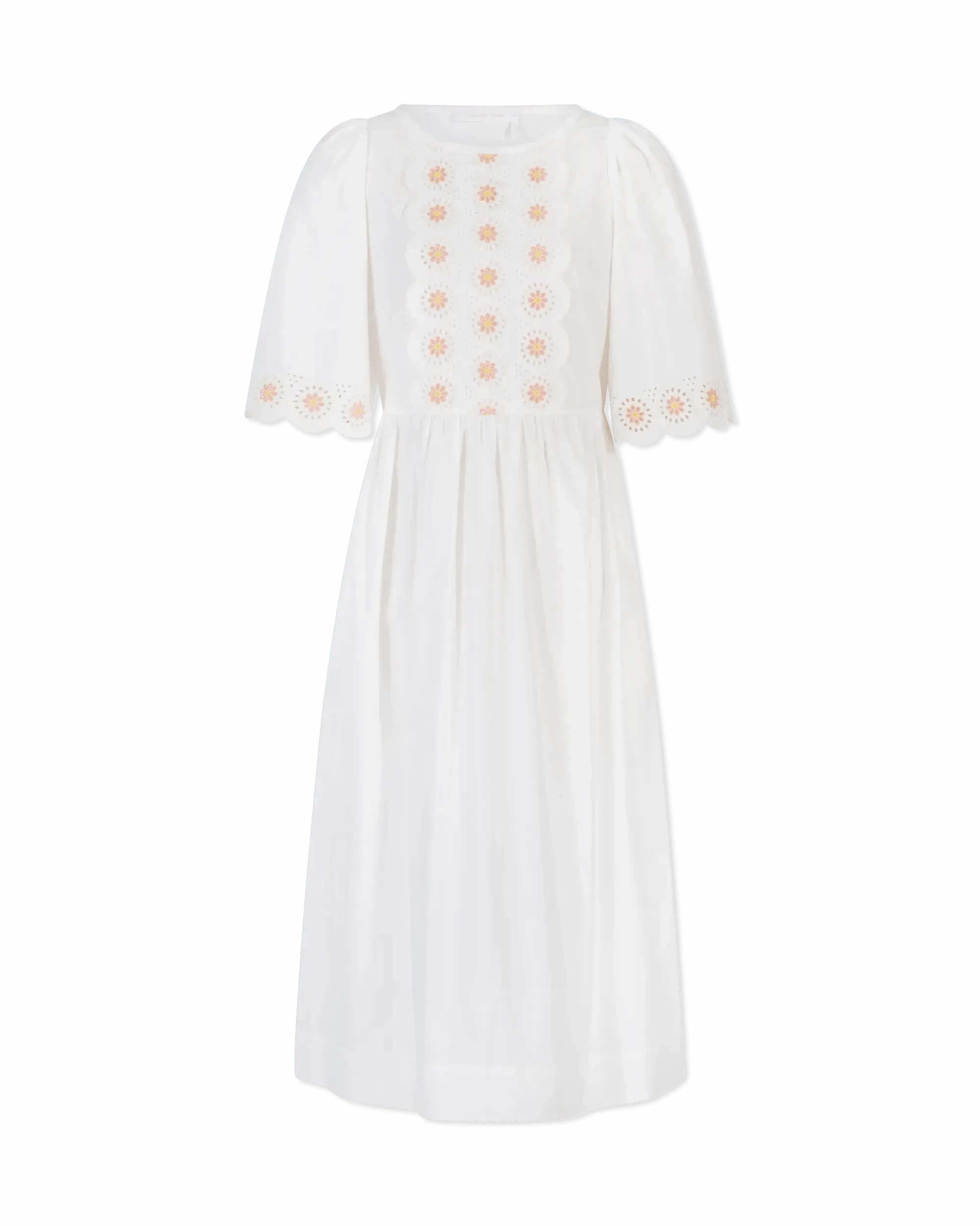 Floral Embroidered Short Sleeve White Dress