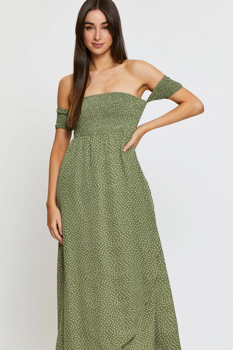 Geo Print Maxi Dress Off Shoulder