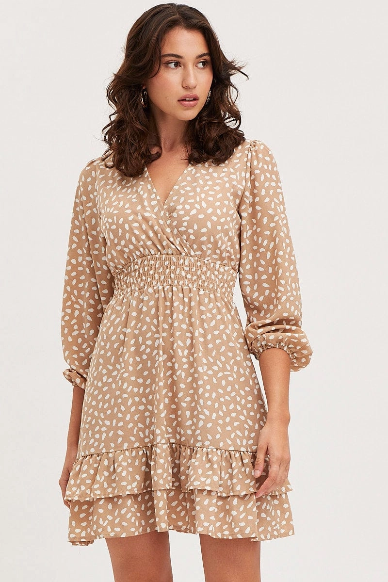 Geo Print Skater Dress Long Sleeve Mini