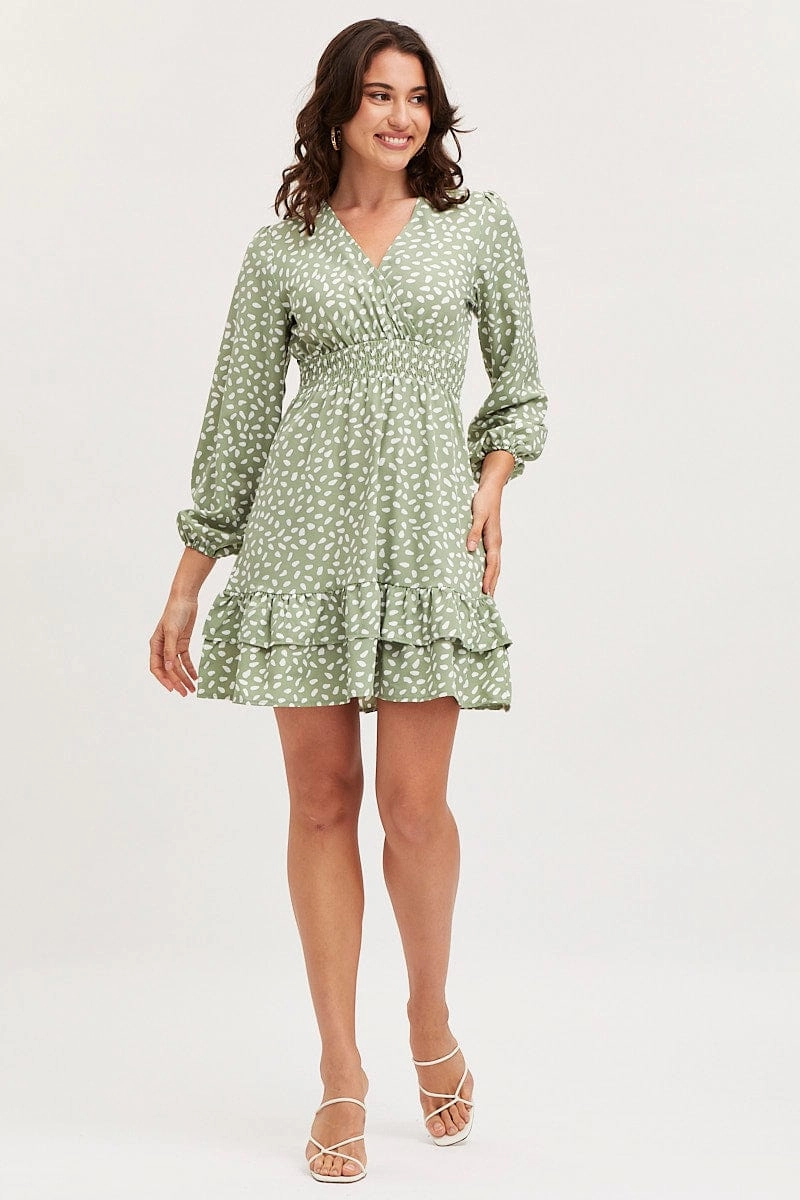 Geo Print Skater Dress Long Sleeve Mini Ruffle