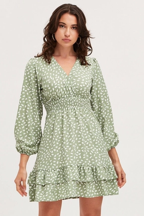 Geo Print Skater Dress Long Sleeve Mini Ruffle