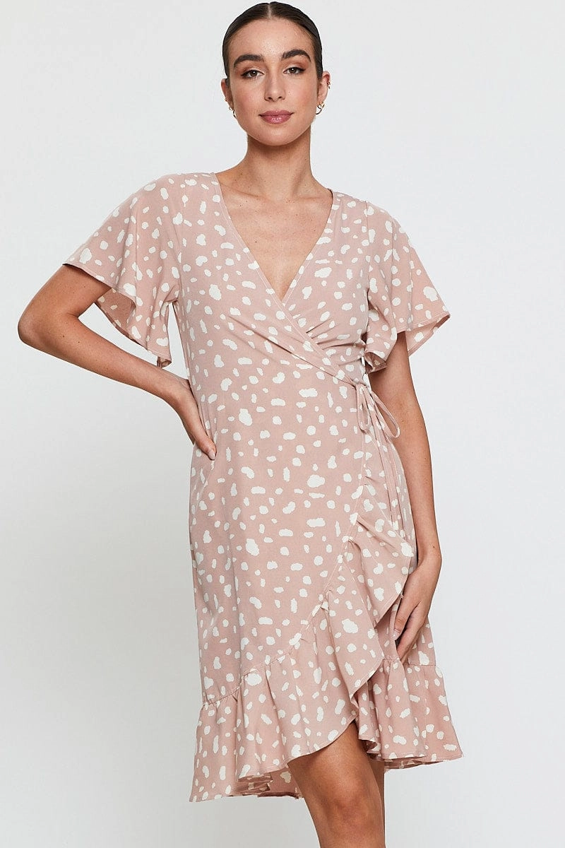 Geo Print Wrap Dress Short Sleeve Ruffle Hem