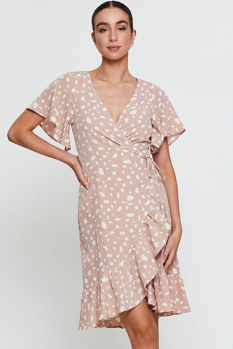 Geo Print Wrap Dress Short Sleeve Ruffle Hem