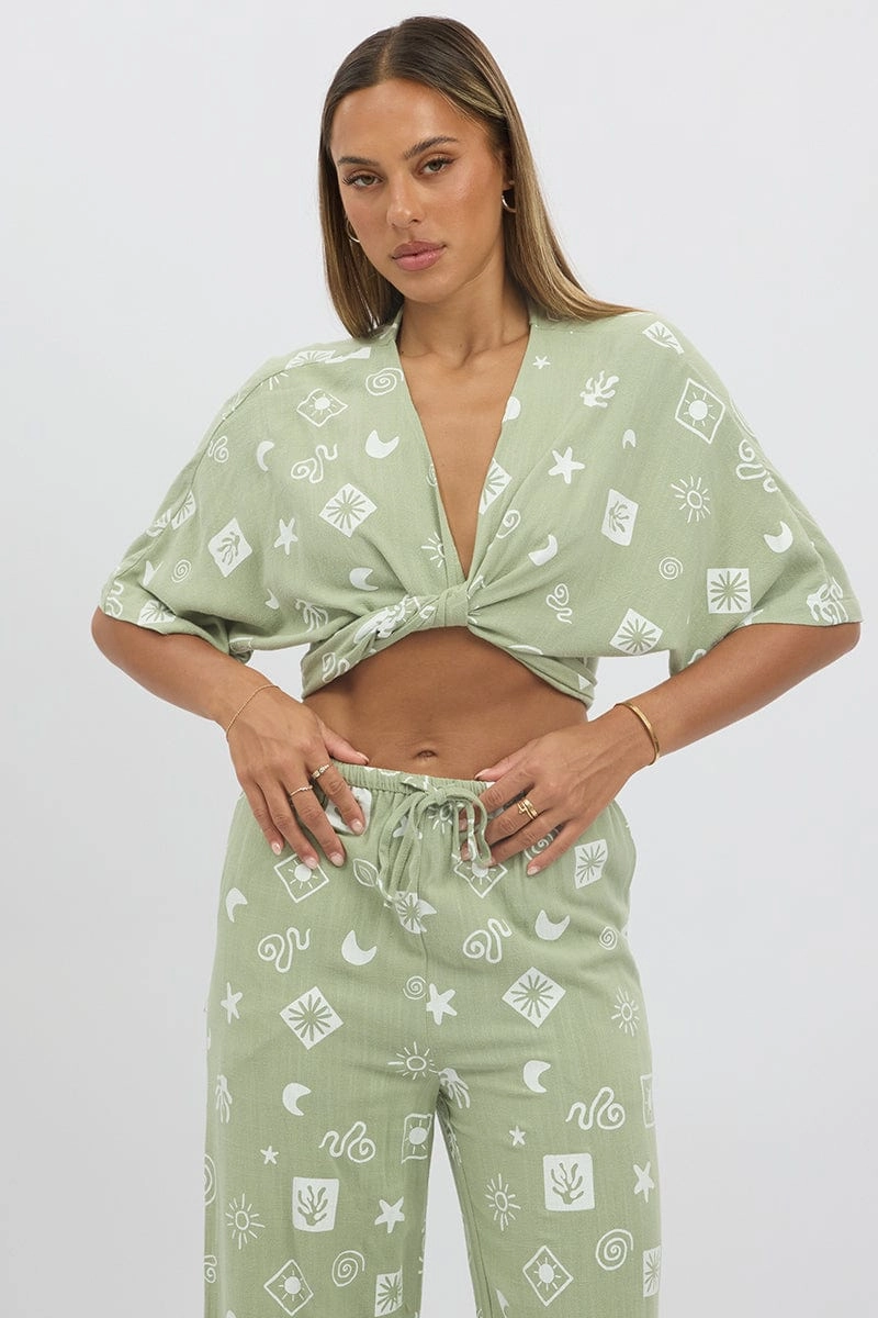 Green Abstract Tie Up Bolero Short Sleeve