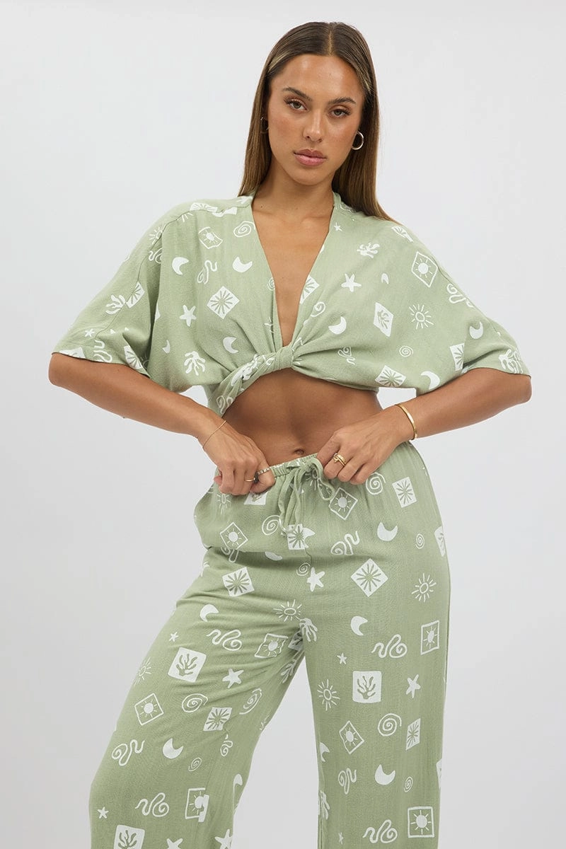Green Abstract Tie Up Bolero Short Sleeve